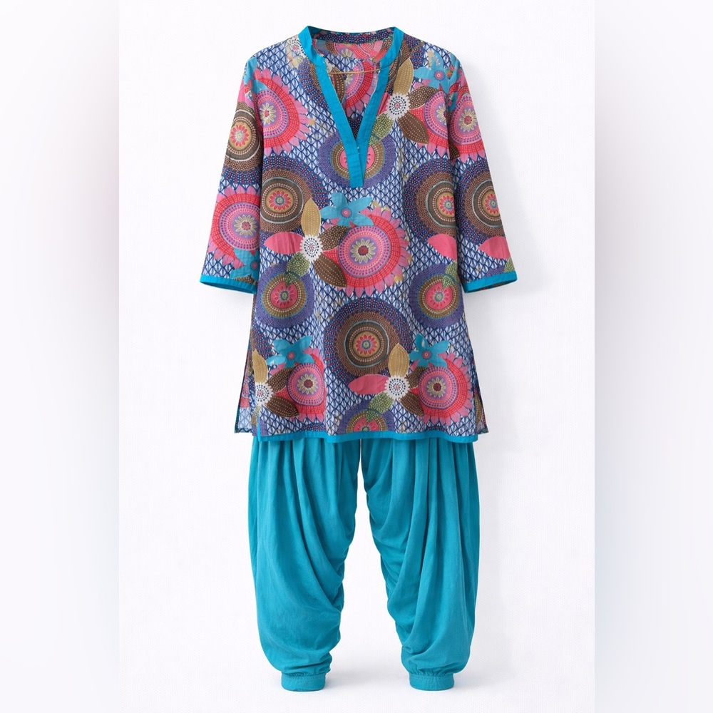 Women’s Teal Patiala Pants Set with Multicolor Printed Kurta